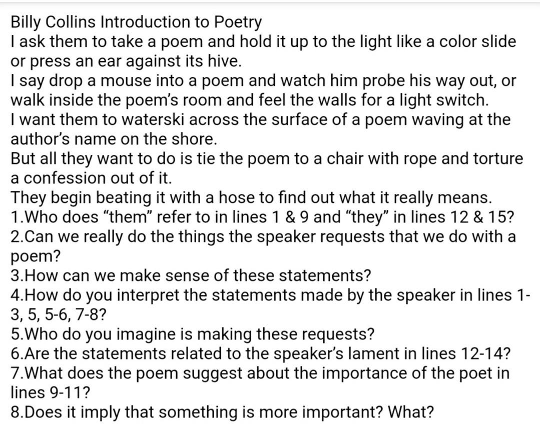 Solved Billy Collins Introduction to Poetry I ask them to | Chegg.com