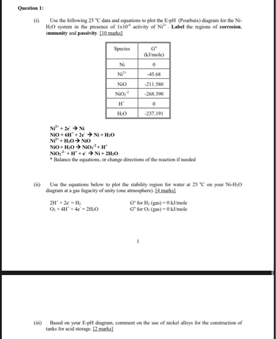 Question 1: (1). Use the following 25 °C data and | Chegg.com