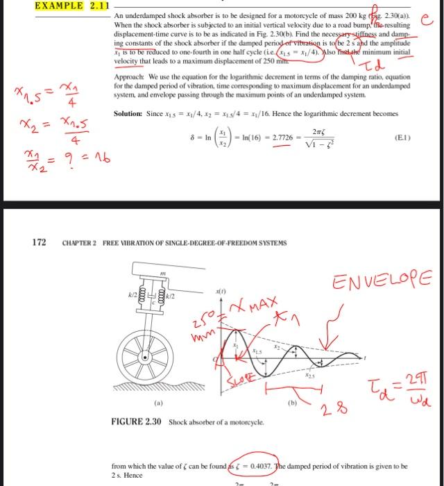 EXAMPLE 2.11
An underdamped shock absorber is to be designed for a motorcycle of mass 200 kg e 2.30(a)).
When the shock absor