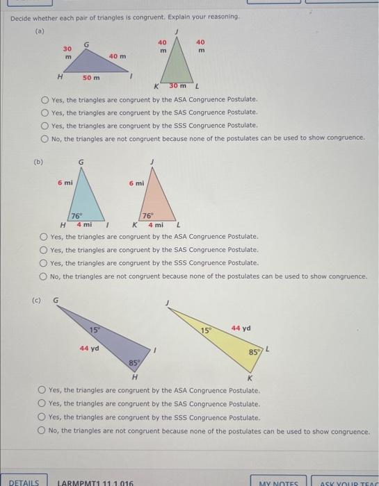Solved Decide Whether Each Pair Of Triangles Is Congruent 3237