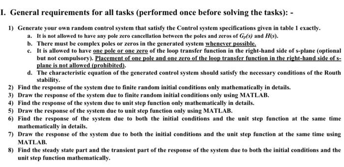 Solved Table 1 : Control system specifications for each | Chegg.com