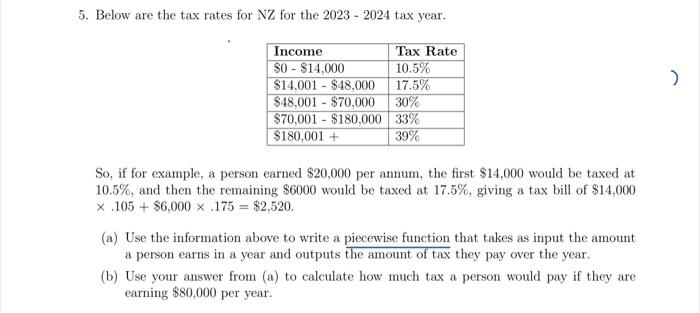 Solved 5. Below are the tax rates for NZ for the 2023−2024 | Chegg.com