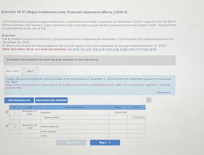 Solved Exercise 14-21 (Algo) Instaliment note; financial | Chegg.com