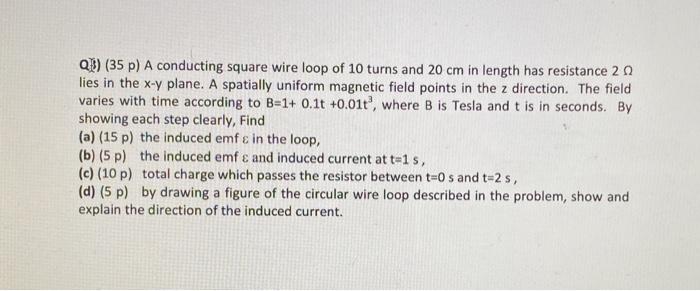 Solved QB) (35 p) A conducting square wire loop of 10 turns | Chegg.com