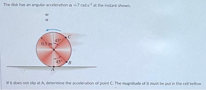 Solved The disk has an angular acceleration alpha = 7 rad | Chegg.com