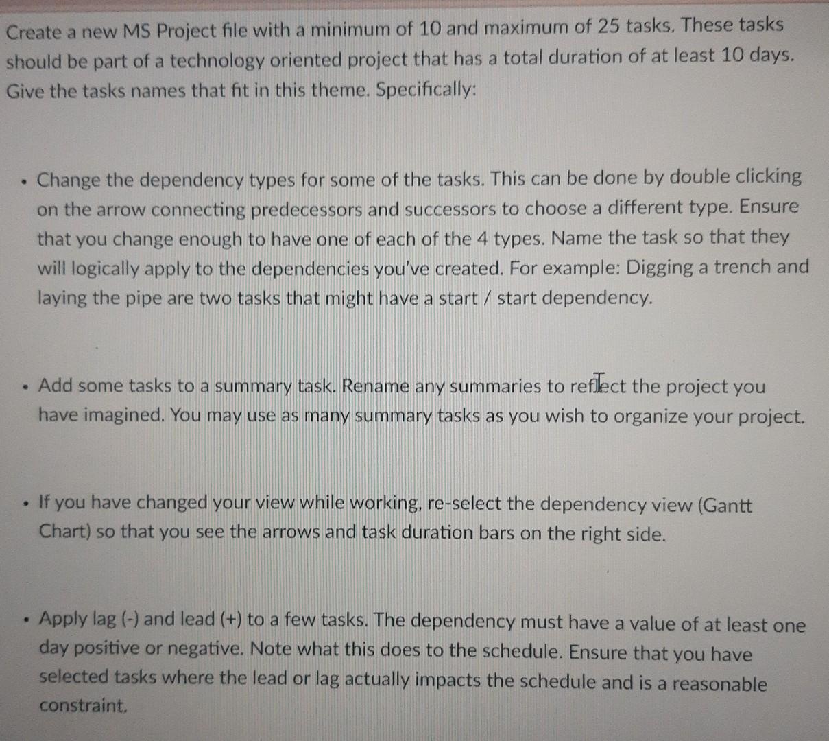 Create a new MS Project file with a minimum of 10 and | Chegg.com