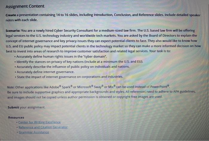 Solved Assignment Content Create a presentation containing | Chegg.com