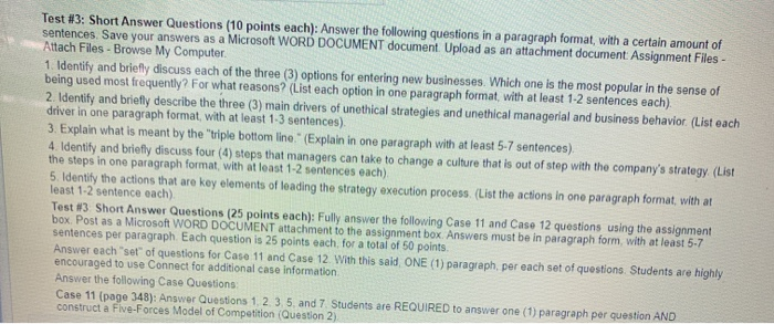 Test #3: Short Answer Questions (10 points each): | Chegg.com