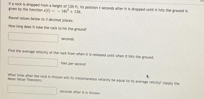 Solved If a rock is dropped from a height of 138 ft, its | Chegg.com