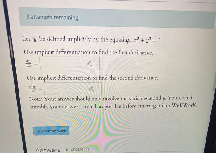 Solved 3 attempts remaining. Let y be defined implicitly by | Chegg.com