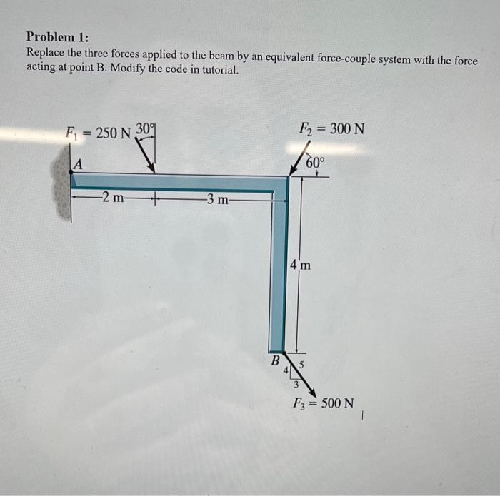 Problem 1:
Replace the three forces applied to the beam by an equivalent force-couple system with the force acting at point B