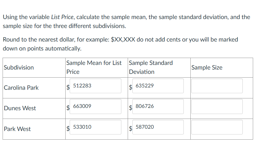 Using the variable List Price, calculate the sample