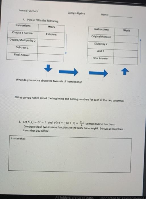 Solved Inverse Functions College Algebra Name 4. Please fill | Chegg.com