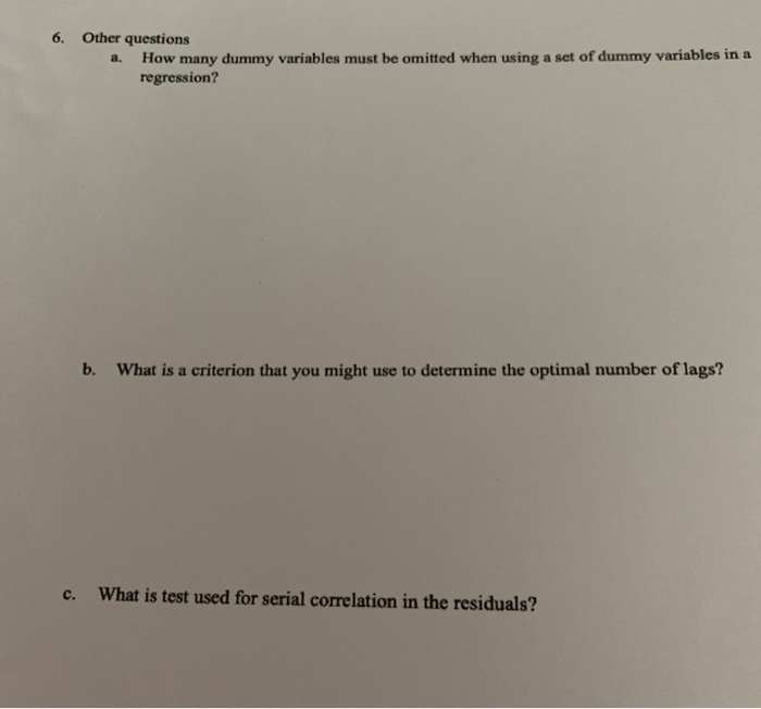 Solved 6. Other questions a. How many dummy variables must | Chegg.com