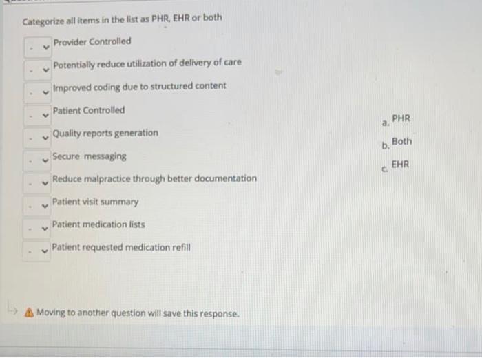 Categorize all items in the list as PHR, EHR or both Provider Controlled Potentially reduce utilization of delivery of care I