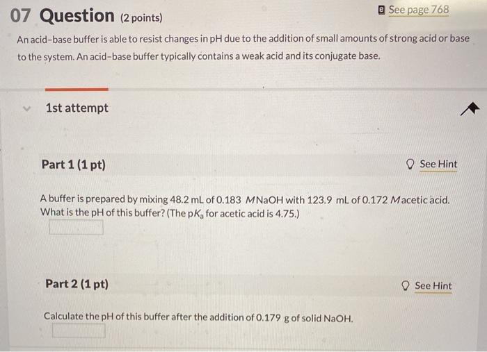 Solved 07 Question (2 points) See page 768 An acid-base | Chegg.com