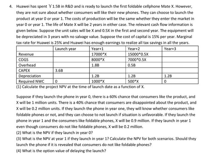 Solved 4. Huawei has spent ¥1.5B in R&D and is ready to | Chegg.com