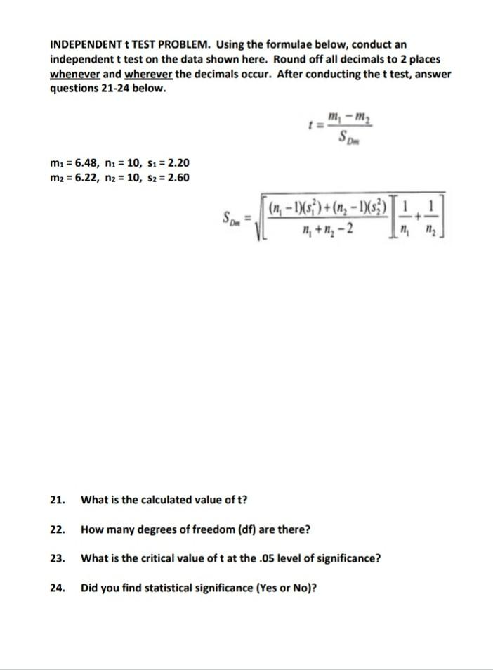 Solved INDEPENDENT TEST PROBLEM. Using the formulae below, | Chegg.com