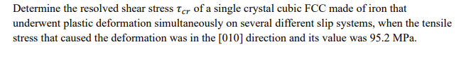 Solved Determine the resolved shear stress τcr of ﻿a single | Chegg.com