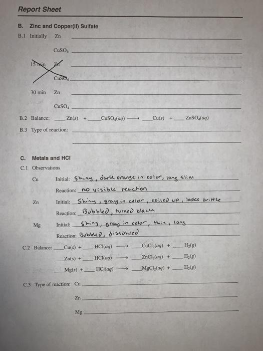 Solved Report Sheet B. Zinc and Copper(II) Sulfate B.1