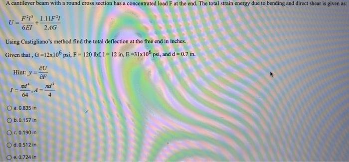 A cantilever beam with a round cross section has a concentrated load \( \mathrm{F} \) at the end. The total strain energy due