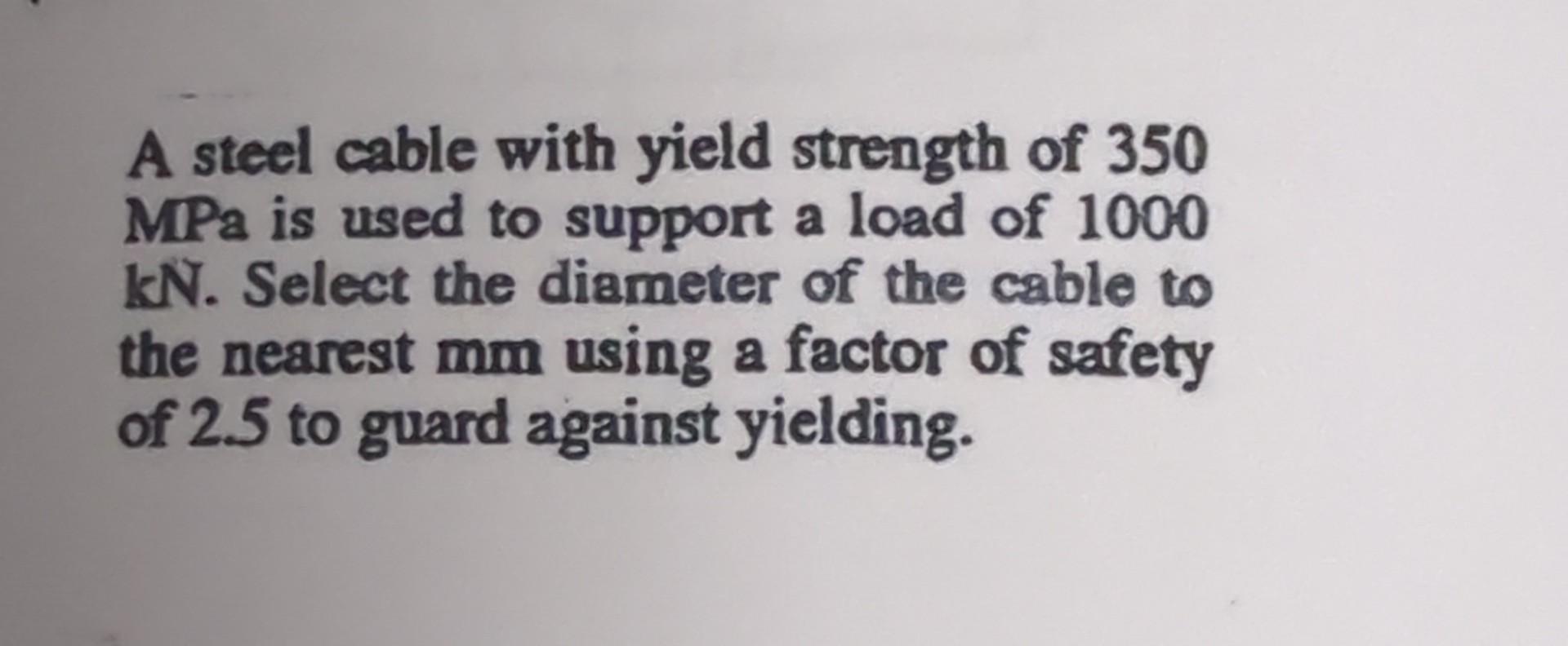 Solved A steel cable with yield strength of 350 MPa is used