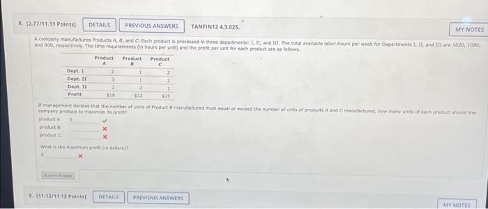Solved Product Product B Product А 2 1 N 3 1 Dept. I Dept. | Chegg.com