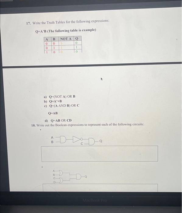 Solved 17. Write the Truth Tables for the following | Chegg.com