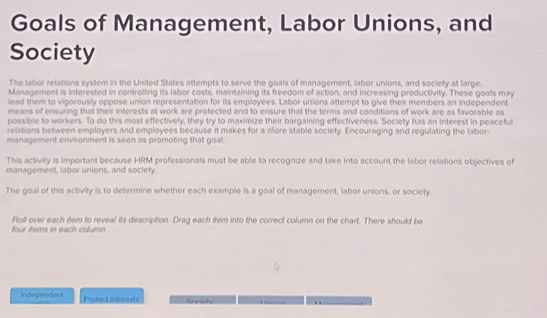 Solved Goals of Management, Labor Unions, and SocietyThe