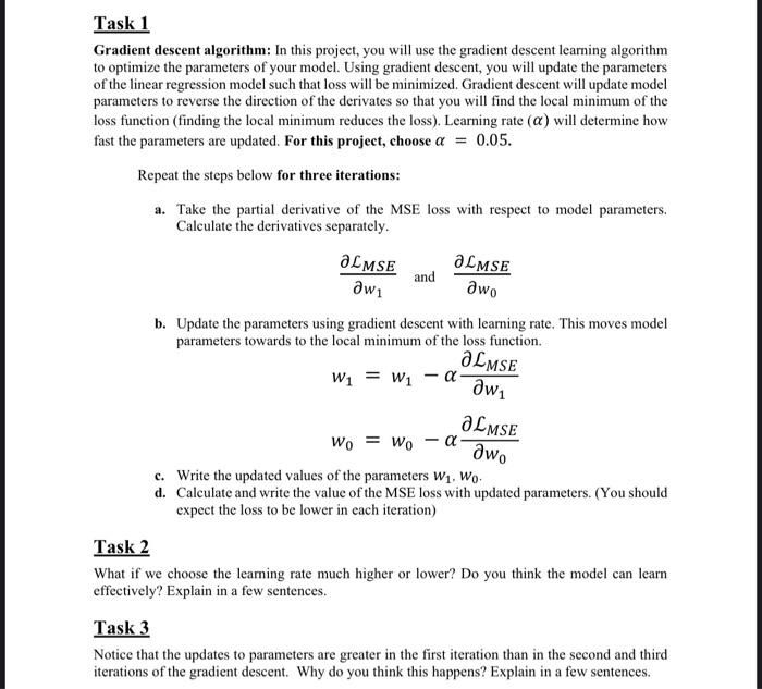 Task 1 Gradient descent algorithm: In this project, | Chegg.com