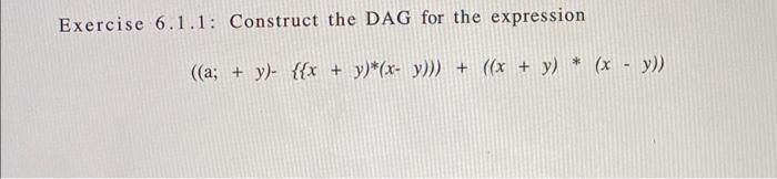 Exercise 6.1.1: Construct the DAG for the expression \[ ((a ;+y)-\{\{x+y) *(x-y)))+((x+y) *(x-y))) \]