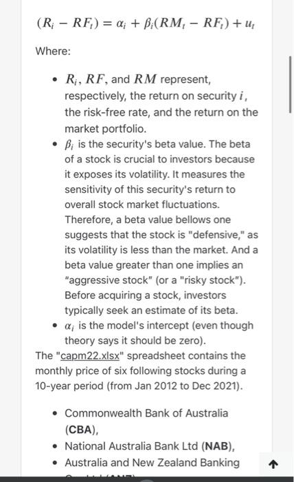 (Ri−RFt)=αi+βi(RMt−RFt)+ut Where: - Ri,RF, and RM | Chegg.com
