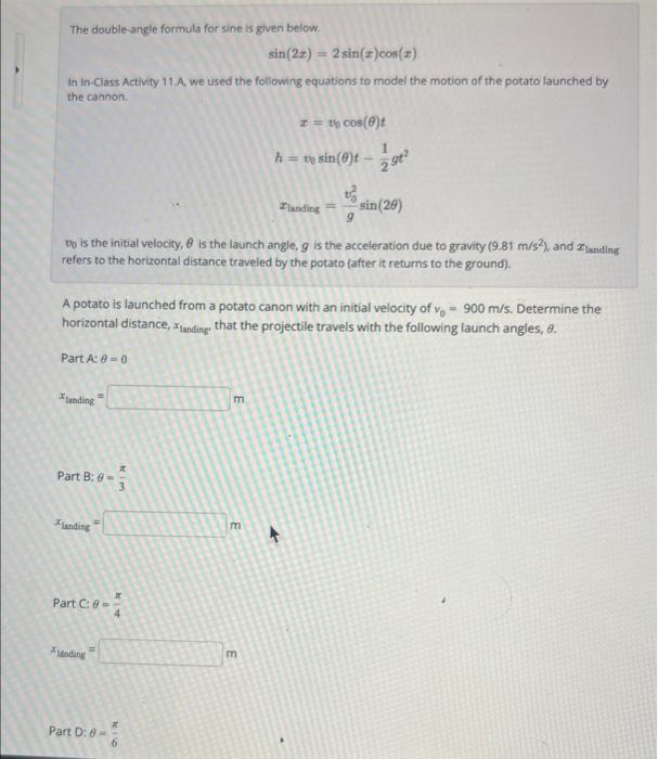 The double-angle formula for sine is given below.
\[
\sin (2 x)=2 \sin (x) \cos (x)
\]
In In-Class Activity 11.A, we used the