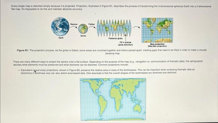 flat map. Its impossible to do this and mairiain absolute accuracy
Figure B1: The projection process. As the globe is fatted