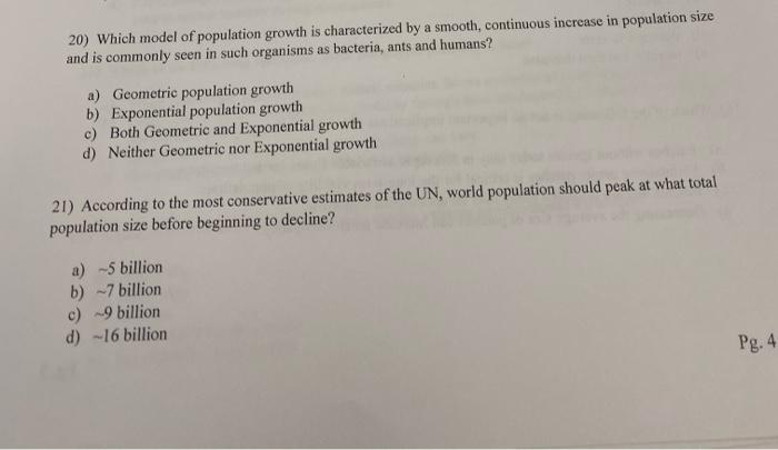 Solved 20) Which model of population growth is characterized | Chegg.com