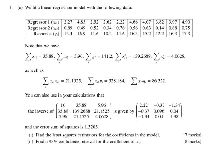 Solved 1. (a) We fit a linear regression model with the | Chegg.com