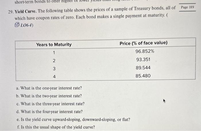 Solved 29. Yield Curve. The following table shows the prices | Chegg.com