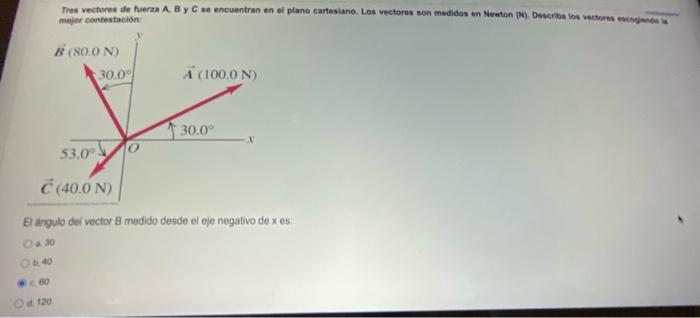 Thes vectores de fuerza A. B y C se encuentran en el ptane cartosiano. Los vectores aen medidos en Newton (W). Describa los v