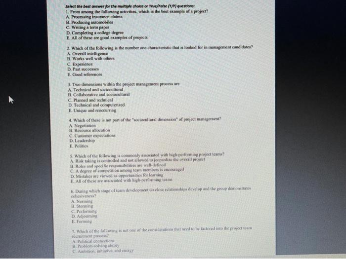 Solved Select the best answer for the multiple choice or | Chegg.com