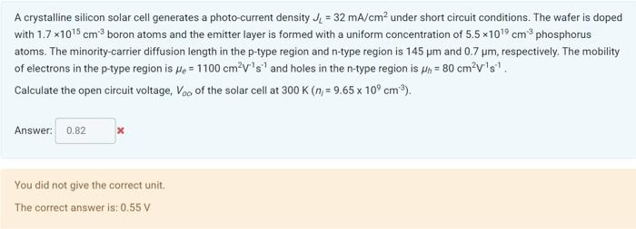 Solved A crystalline silicon solar cell generates a | Chegg.com