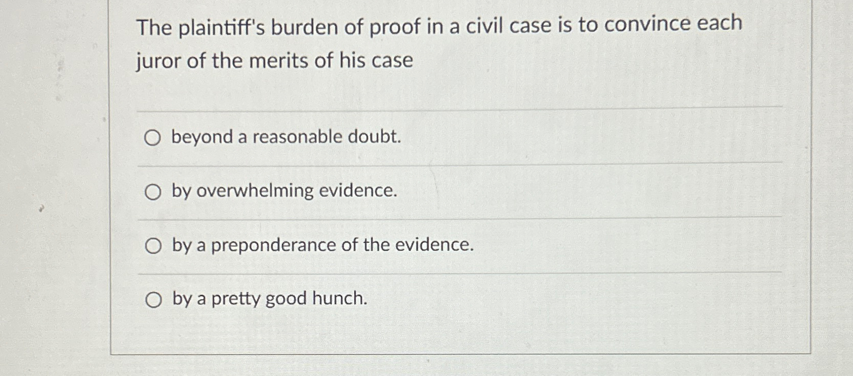 Solved The plaintiff's burden of proof in a civil case is to