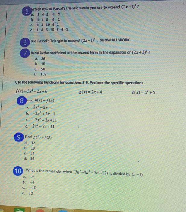 Solved 5. which row of Pascal's triangle would you use to | Chegg.com