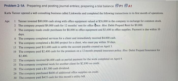 Problem 2-1A Preparing And Posting Journal Entries; | Chegg.com
