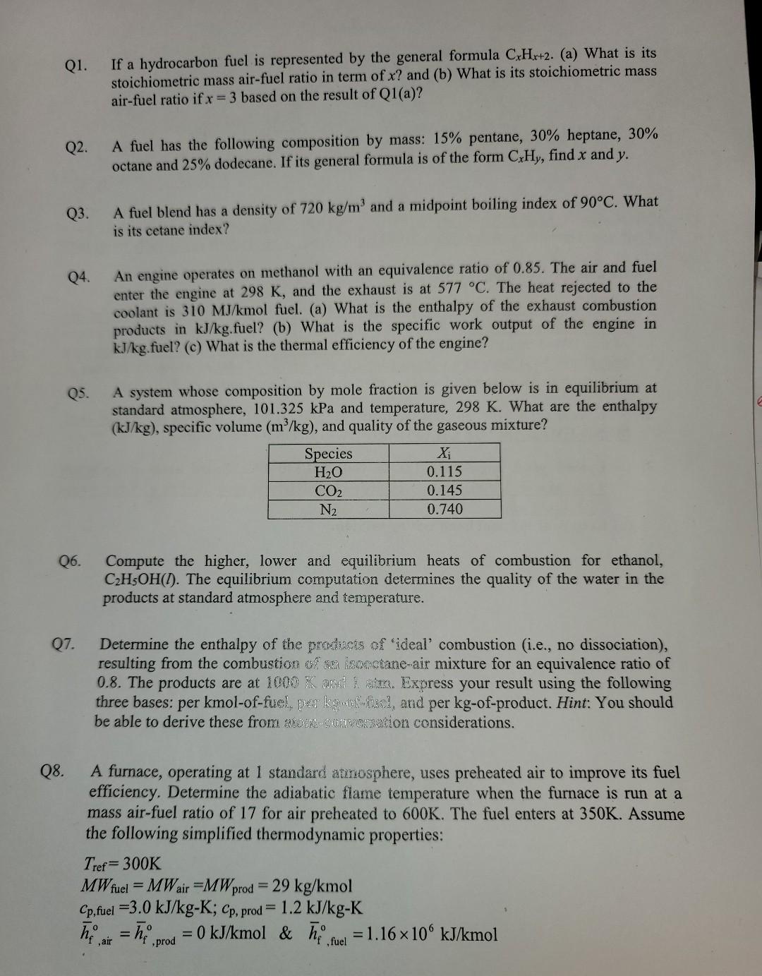 Solved Q1. If a hydrocarbon fuel is represented by the