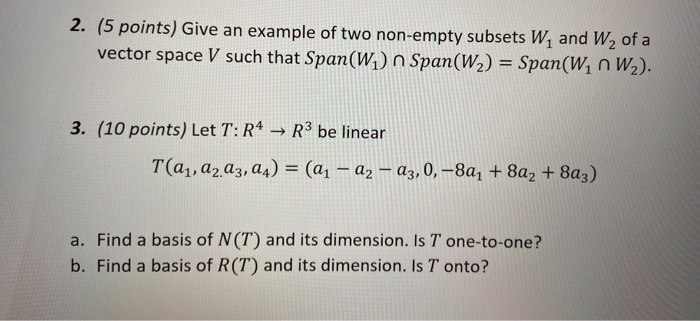 Space Non Example Solved 2. (5 points) Give an example of two non-empty | Chegg.com