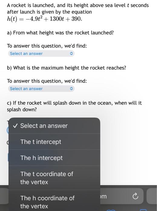 Solved A rocket is launched, and its height above sea level | Chegg.com