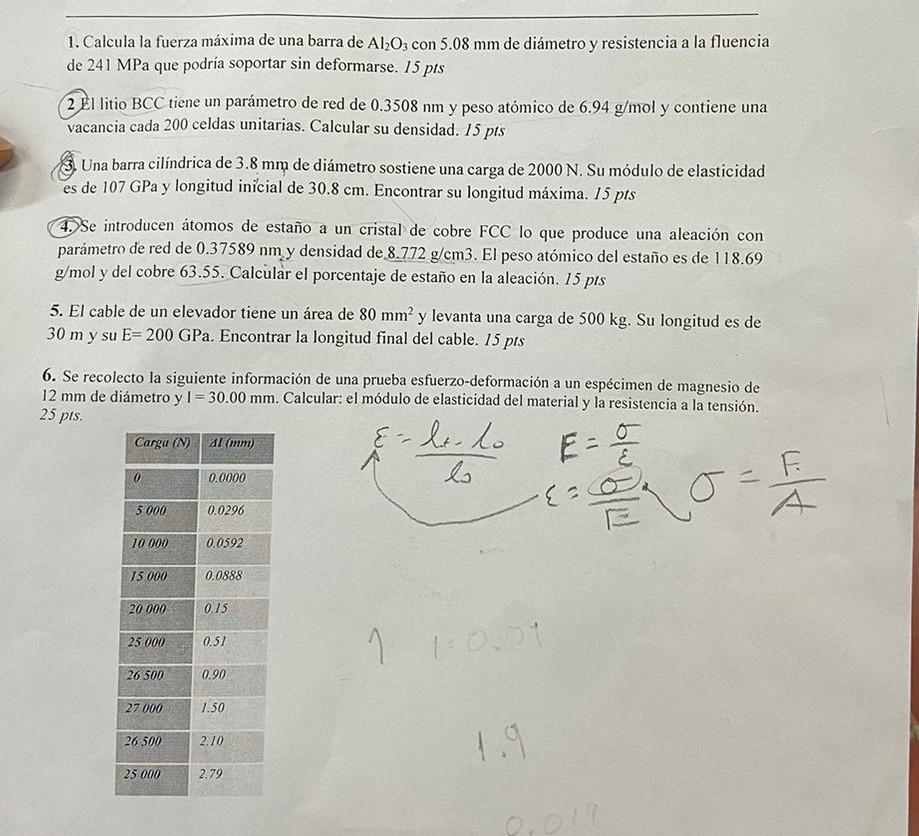 1. Calcula la fuerza máxima de una barra de \( \mathrm{Al}_{2} \mathrm{O}_{3} \) con \( 5.08 \mathrm{~mm} \) de diámetro y re