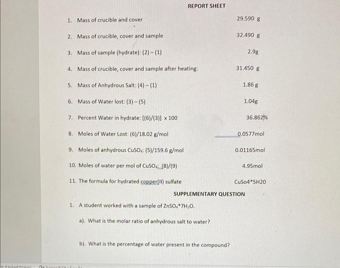 Solved REPORT SHEET 1. Mass of crucible and cover 29.590 g