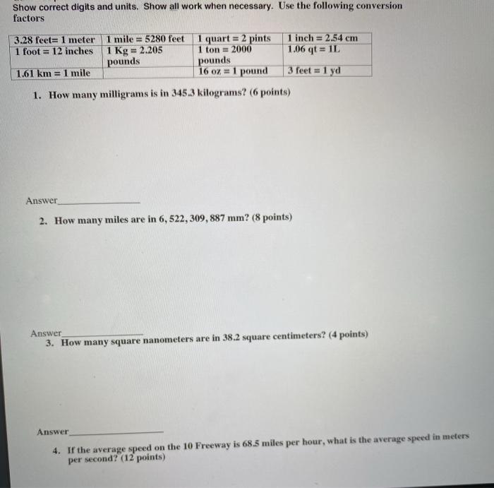 Solved Show correct digits and units. Show all work when Chegg