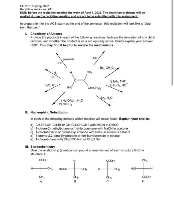 Solved CH 237 R Spring 2022 Recitation Worksheet #11 DUE: | Chegg.com